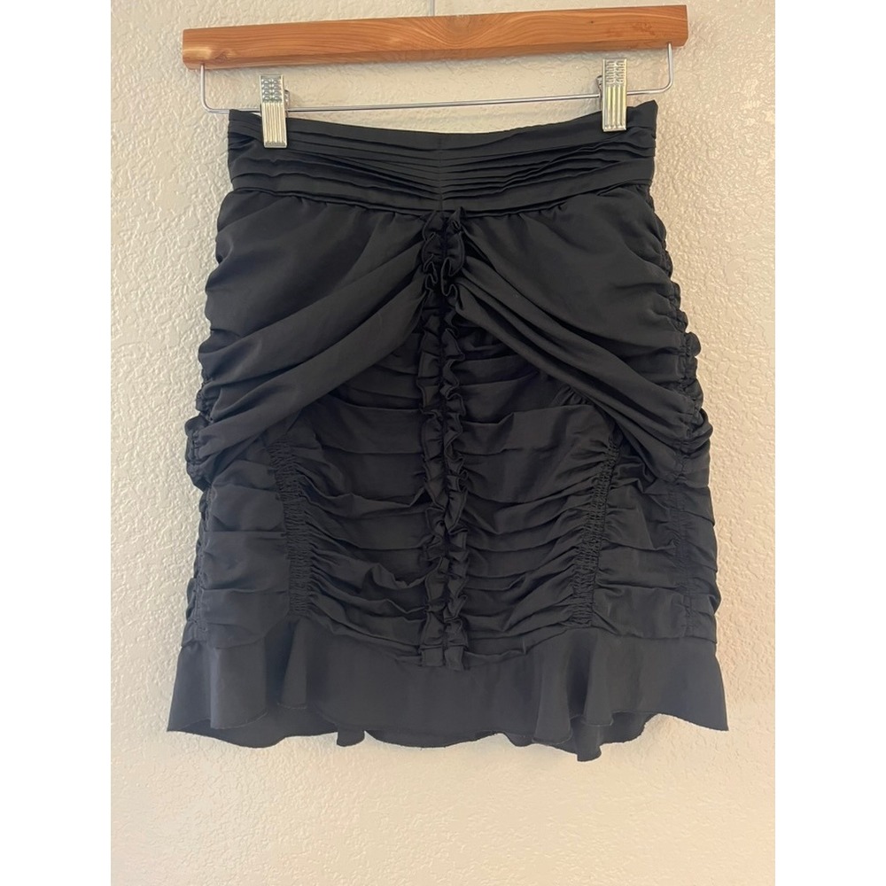 Isabel Marant Black Ruched Draped Mini Skirt Pleated Waist Ruffle Hem Size 34